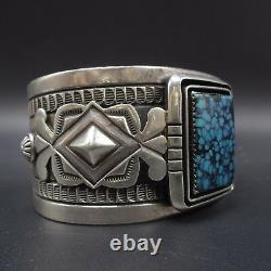 Signed Vintage NAVAJO Sterling Silver & Lone Mountain TURQUOISE BRACELET 118g