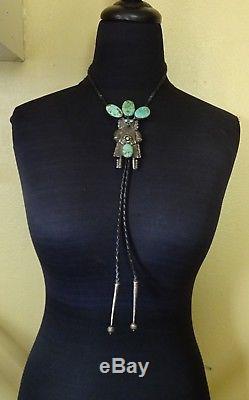 Signed Vintage NAVAJO Sterling Silver & TURQUOISE Kachina BOLO Tie, Leather Cord