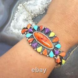 Signed Vintage Native American Sterling Multi Stone Cluster Bracelet For Women