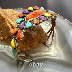 Signed Vintage Native American Sterling Multi Stone Cluster Bracelet For Women