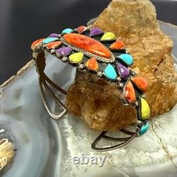 Signed Vintage Native American Sterling Multi Stone Cluster Bracelet For Women