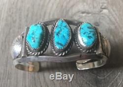 Signed Vintage Navajo Kingman Turquoise & Sterling Silver Row Cuff Bracelet