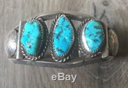 Signed Vintage Navajo Kingman Turquoise & Sterling Silver Row Cuff Bracelet