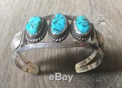 Signed Vintage Navajo Kingman Turquoise & Sterling Silver Row Cuff Bracelet