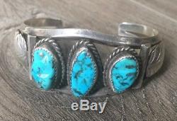 Signed Vintage Navajo Kingman Turquoise & Sterling Silver Row Cuff Bracelet