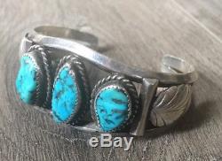 Signed Vintage Navajo Kingman Turquoise & Sterling Silver Row Cuff Bracelet