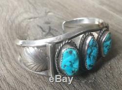 Signed Vintage Navajo Kingman Turquoise & Sterling Silver Row Cuff Bracelet