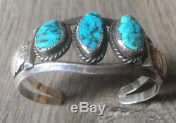 Signed Vintage Navajo Kingman Turquoise & Sterling Silver Row Cuff Bracelet