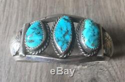 Signed Vintage Navajo Kingman Turquoise & Sterling Silver Row Cuff Bracelet