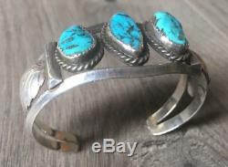 Signed Vintage Navajo Kingman Turquoise & Sterling Silver Row Cuff Bracelet