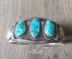 Signed Vintage Navajo Kingman Turquoise & Sterling Silver Row Cuff Bracelet