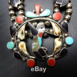 Signed Vintage ZUNI Sterling Silver HUMMINGBIRD Inlay SQUASH BLOSSOM Necklace