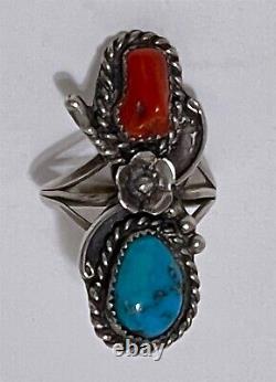 Silver Turquoise Coral Ring 6¾ red blue teardrops -Vintage American Jewelry