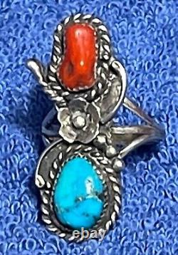 Silver Turquoise Coral Ring 6¾ red blue teardrops -Vintage American Jewelry