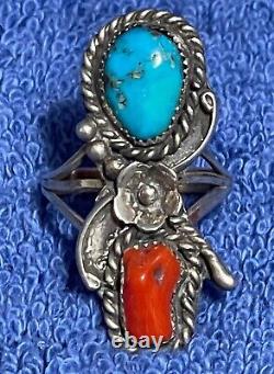 Silver Turquoise Coral Ring 6¾ red blue teardrops -Vintage American Jewelry