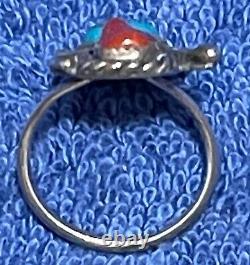 Silver Turquoise Coral Ring 6¾ red blue teardrops -Vintage American Jewelry