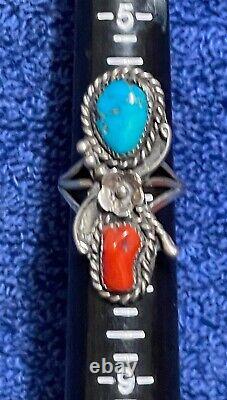 Silver Turquoise Coral Ring 6¾ red blue teardrops -Vintage American Jewelry