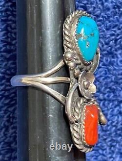 Silver Turquoise Coral Ring 6¾ red blue teardrops -Vintage American Jewelry