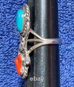 Silver Turquoise Coral Ring 6¾ red blue teardrops -Vintage American Jewelry