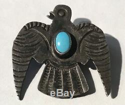 Small Vintage Navajo Indian Silver & Turquoise Thunderbird Pin Brooch