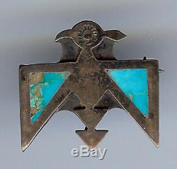 Small Vintage Zuni Indian Silver & Inlay Turquoise Thunderbird Pin Brooch