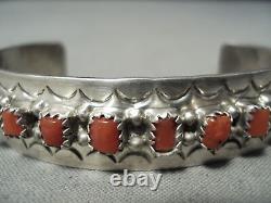 Small Wrist Vintage Navajo Coral Sterling Silver Stamped Bracelet