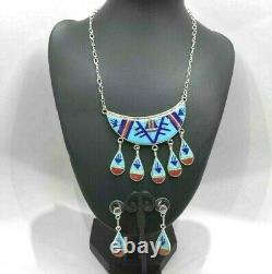 Southwest Vintage Zuni MultiStone Inlay Sterling Silver Necklace & Earrings 40gm