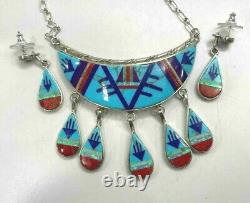 Southwest Vintage Zuni MultiStone Inlay Sterling Silver Necklace & Earrings 40gm