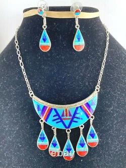 Southwest Vintage Zuni MultiStone Inlay Sterling Silver Necklace & Earrings 40gm