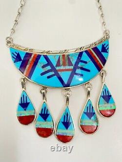 Southwest Vintage Zuni MultiStone Inlay Sterling Silver Necklace & Earrings 40gm
