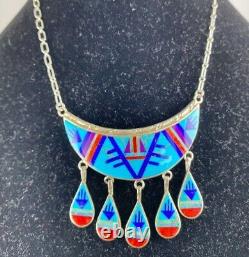 Southwest Vintage Zuni MultiStone Inlay Sterling Silver Necklace & Earrings 40gm