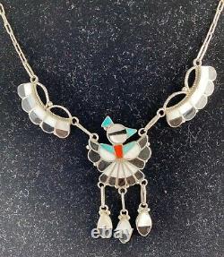 Southwest Vintage Zuni MultiStone Inlay Sterling Silver Necklace Earrings Signed