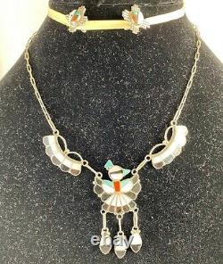 Southwest Vintage Zuni MultiStone Inlay Sterling Silver Necklace Earrings Signed