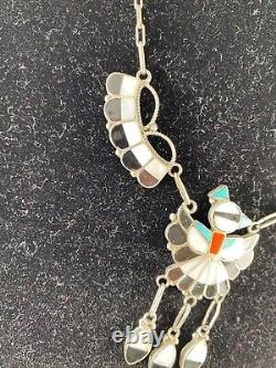 Southwest Vintage Zuni MultiStone Inlay Sterling Silver Necklace Earrings Signed