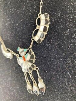 Southwest Vintage Zuni MultiStone Inlay Sterling Silver Necklace Earrings Signed