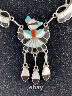 Southwest Vintage Zuni MultiStone Inlay Sterling Silver Necklace Earrings Signed