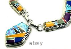 Southwest Vintage Zuni Multi Stone Inlay Sterling Silver Necklace Turquoise 32gm