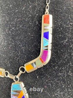 Southwest Vintage Zuni Multi Stone Inlay Sterling Silver Necklace Turquoise 32gm