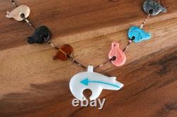 Southwestern Zuni Carved Bears Animal Heishi Beads Fetish Necklace Vintage