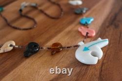Southwestern Zuni Carved Bears Animal Heishi Beads Fetish Necklace Vintage
