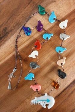 Southwestern Zuni Carved Bears Animal Heishi Beads Fetish Necklace Vintage