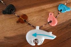 Southwestern Zuni Carved Bears Animal Heishi Beads Fetish Necklace Vintage