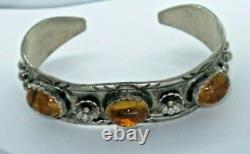 Sterling Silver Amber Cuff Bracelet Jewelry Native American Vintage Signed 799G