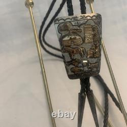 Sterling Silver Bolo Tie w Gold Overlay Storyteller 2 Vintage Native Southwest