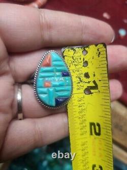 Sterling Silver vintage Navajo inlay colorful Turquoise ring signed Size8.5