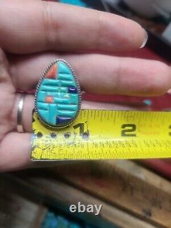 Sterling Silver vintage Navajo inlay colorful Turquoise ring signed Size8.5