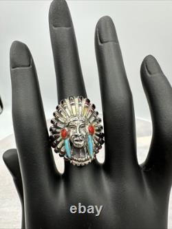 Sterling Vintage Silver Ring Native American Indian Chief Head Sz-11.5