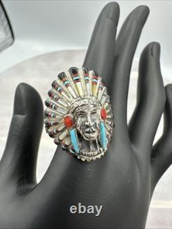 Sterling Vintage Silver Ring Native American Indian Chief Head Sz-11.5