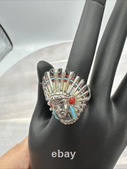 Sterling Vintage Silver Ring Native American Indian Chief Head Sz-11.5