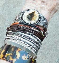 Striking Old Native American Silver Stamped Moss Agate Cuff Bracelet